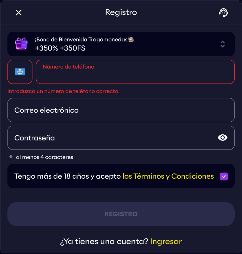 Formulario de registro de Slotico: bono de bienvenida +350% +350FS, teléfono, correo, contraseña y casilla de 18 años